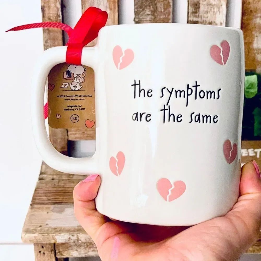 NWT Gorgeous Rae Dunn Peanuts It's either the flu or love Double Sided Pink Mug - Picture 10 of 16